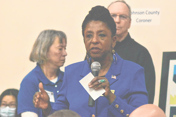 Dr. Valerie McCray, a Democratic candidate for U.S. Senate, answers an audience question during the voter forum on Tuesday, April 23, 2024, at the Johnson County Museum of History in Franklin, Indiana