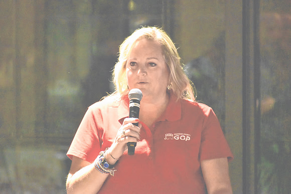Johnson County Treasurer-elect Kim Hamilton speaks about winning her uncontested race at the Johnson County GOP Election Night Watch Party, Tuesday, Nov. 5, 2024, at The Garment Factory in Franklin, I