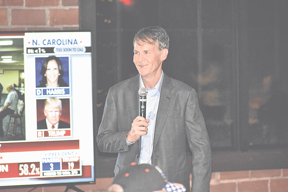 Jefferson Shreve, the Republican candidate for Indiana's 6th Congressional District, speaks to attendees of the Johnson County GOP Election Night Watch Party, Tuesday, Nov. 5, 2024, at The Garment Fac
