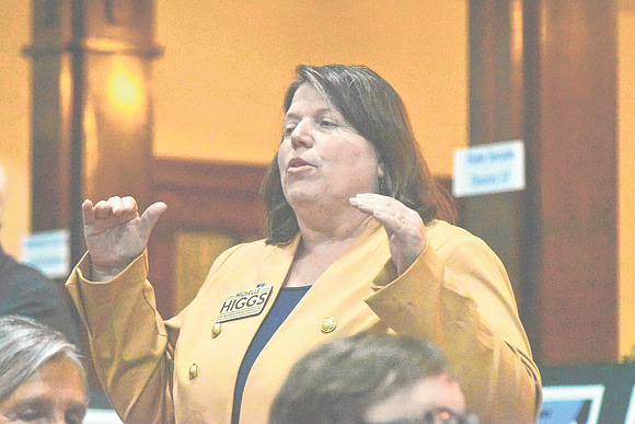 Michelle Higgs, a Democrat running for Indiana House District 60, answers an audience question during the voter forum on Tuesday, April 23, 2024, at the Johnson County Museum of History in Franklin, I