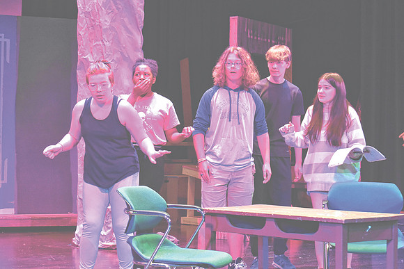 Cast members rehearse a scene from "Alice in Wonderland," Wednesday, Oct. 23, 2024, at Greenwood Community High School in Greenwood, Indiana. (Noah Crenshaw | Daily Journal)