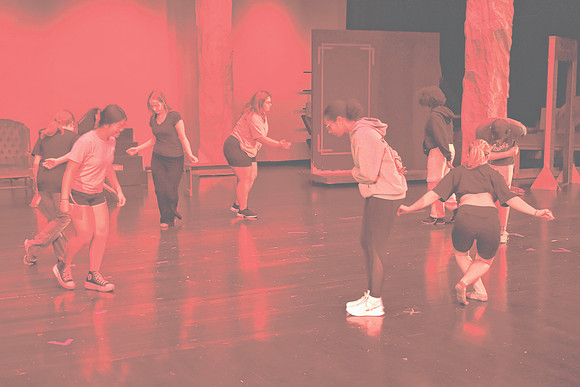 Cast members rehearse a dance scene involving lobsters for "Alice in Wonderland," Wednesday, Oct. 23, 2024, at Greenwood Community High School in Greenwood, Indiana. (Noah Crenshaw | Daily Journal)